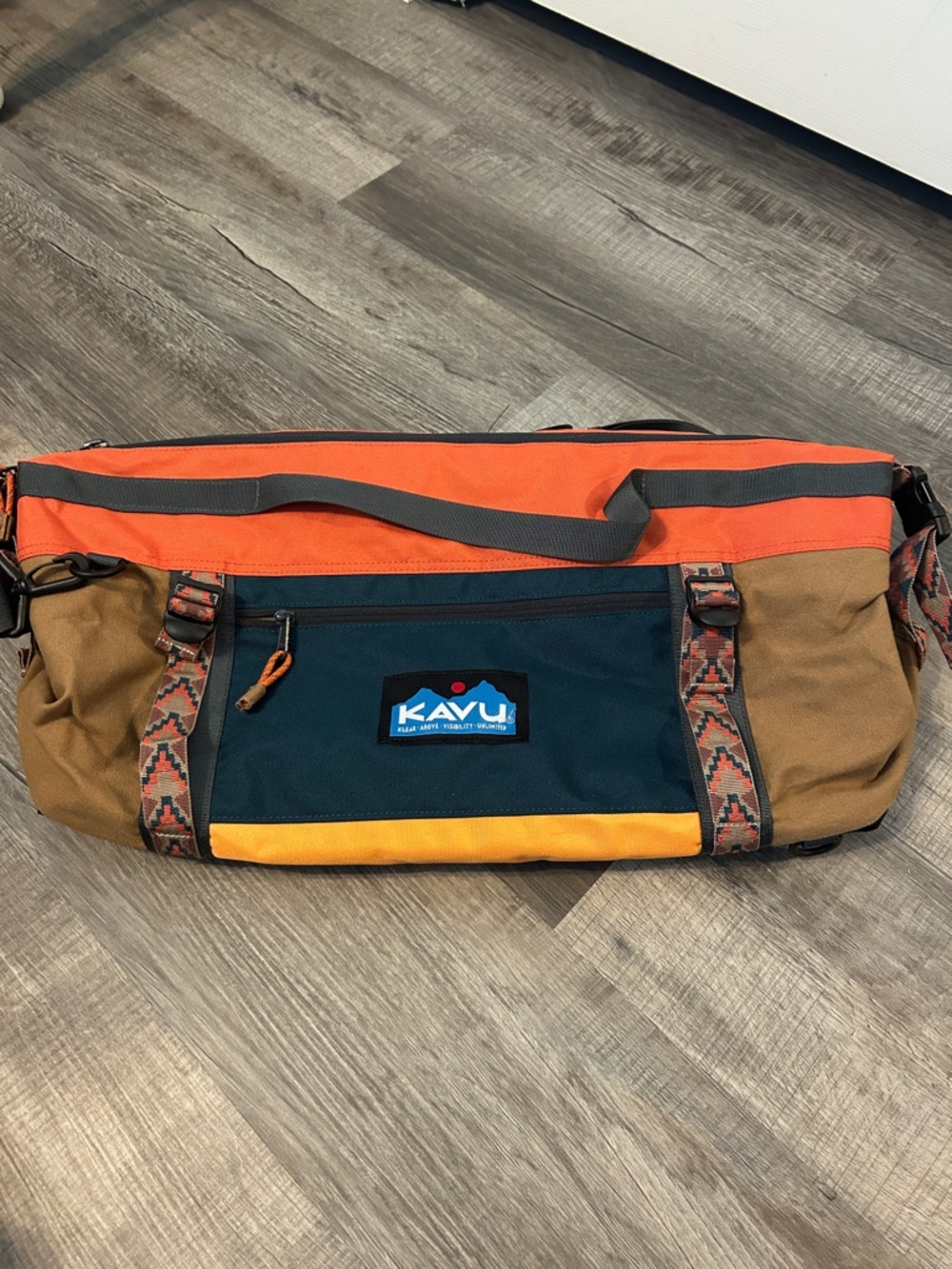 Kavu Orange / Navy / Brown Canvas Duffel with Yellow Trim